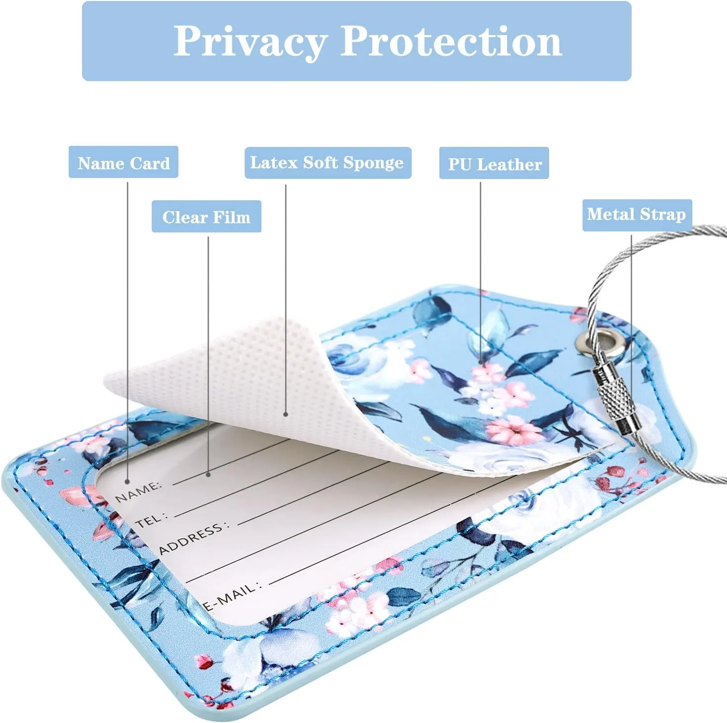 (Set of 2) Luggage Tag Leather Privacy Cover ID Label Address Card with Stainless Steel Loop, Travel Bag Tags Suitcase Labels, Blue Flower