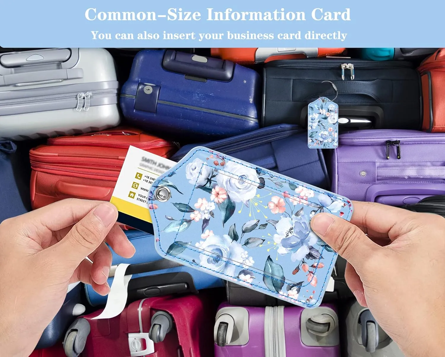 (Set of 2) Luggage Tag Leather Privacy Cover ID Label Address Card with Stainless Steel Loop, Travel Bag Tags Suitcase Labels, Blue Flower