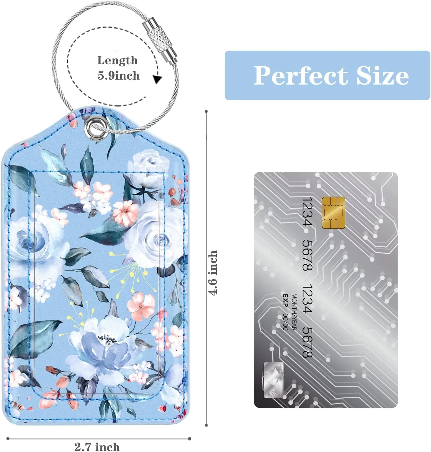 (Set of 2) Luggage Tag Leather Privacy Cover ID Label Address Card with Stainless Steel Loop, Travel Bag Tags Suitcase Labels, Blue Flower