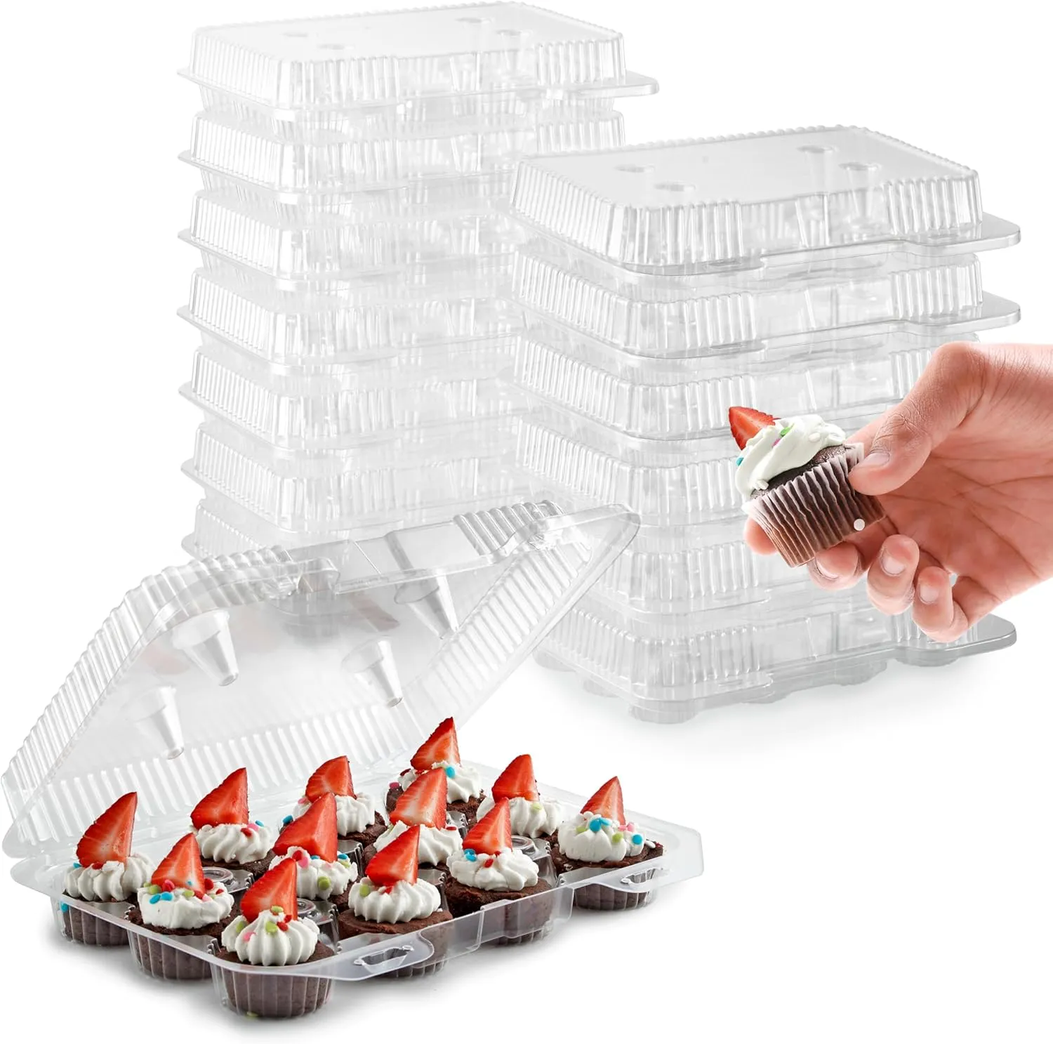 Stock Your Home Mini Disposable Plastic Cupcake Containers (20 Pack) 12 - Count Tray Compartment, Small or Mini Cupcakes Box/Holder/Carrier with Clear Connected Dome Lid, BPA Free
