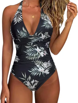SUUKSESS Women Sexy Tummy Control One Piece Swimsuits Halter Push Up Bathing Suits