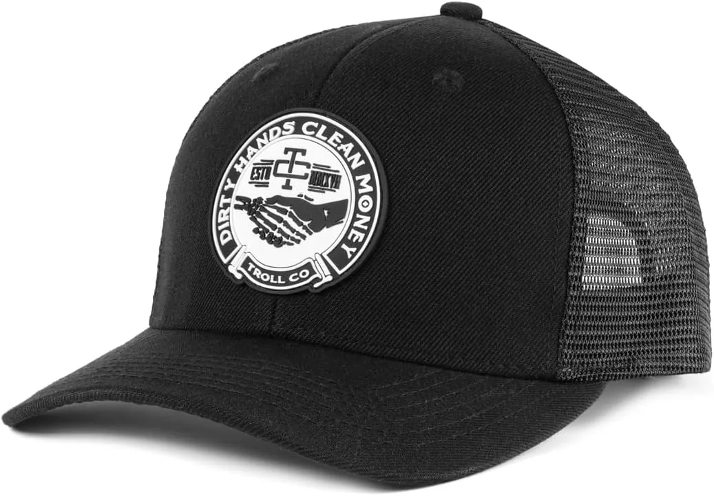 TROLL CO. CLOTHING Dirty Hands Clean Money Meshback Hat - Black, Adjustable Snapback, Curved Brim, One Size Fits Most
