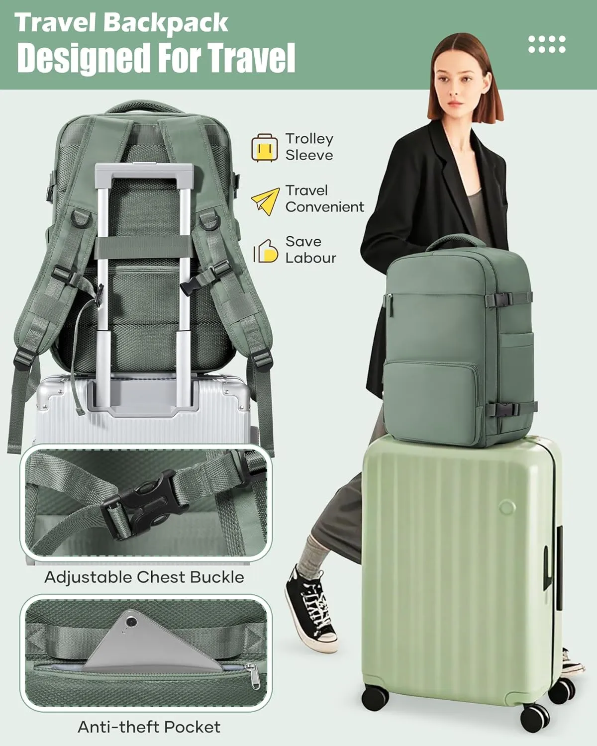 Vacuum Travel Backpack with Pump Vacuum Compression Seal Vacpack Airback Laptop Backpack for Women Men Carry on Backpack Personal Item Travel Bag Luggage Flight Approved Business Back Pack Dark Green