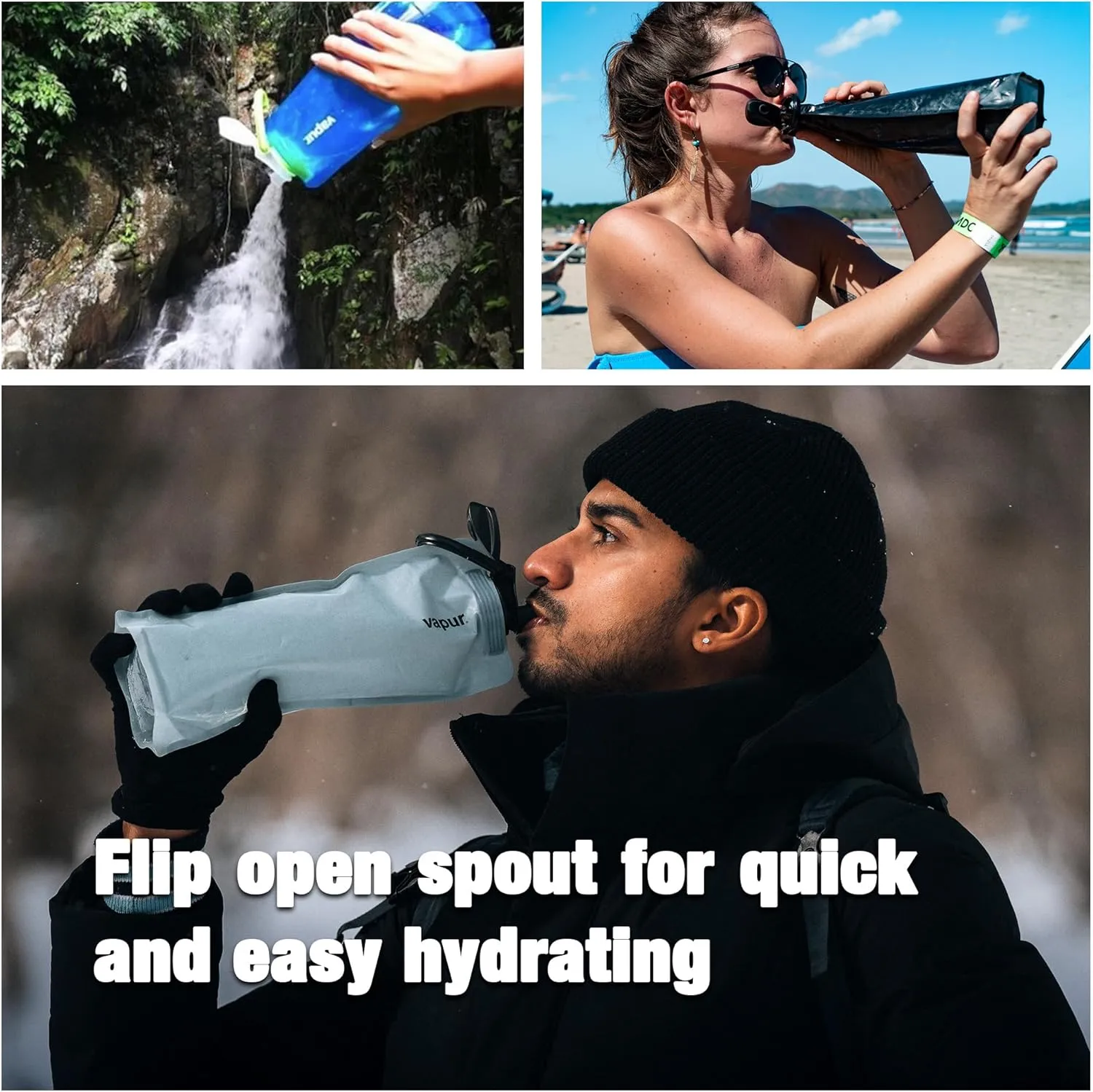 Vapur Flexible, Collapsible Wide Mouth Anti-Bottle with Detachable Carabiner, Convenient, Portable Hydration for Travel and Outdoor Adventures, 34 Ounce, Night Blue, Pack of 1