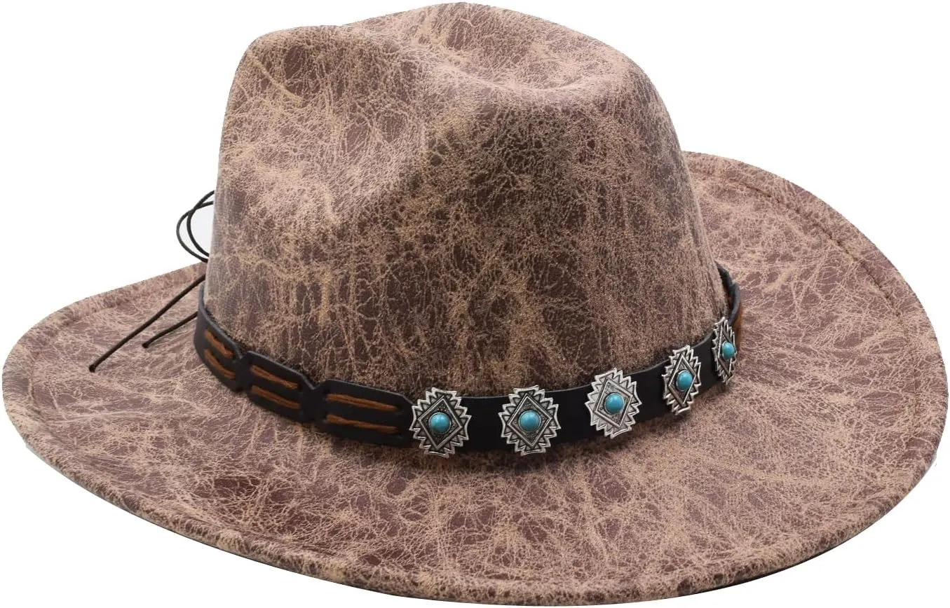 Women Men Western Cowboy Cowgirl Hat with Buckle Belt Wide Brim Outdoor Fedora Hats
