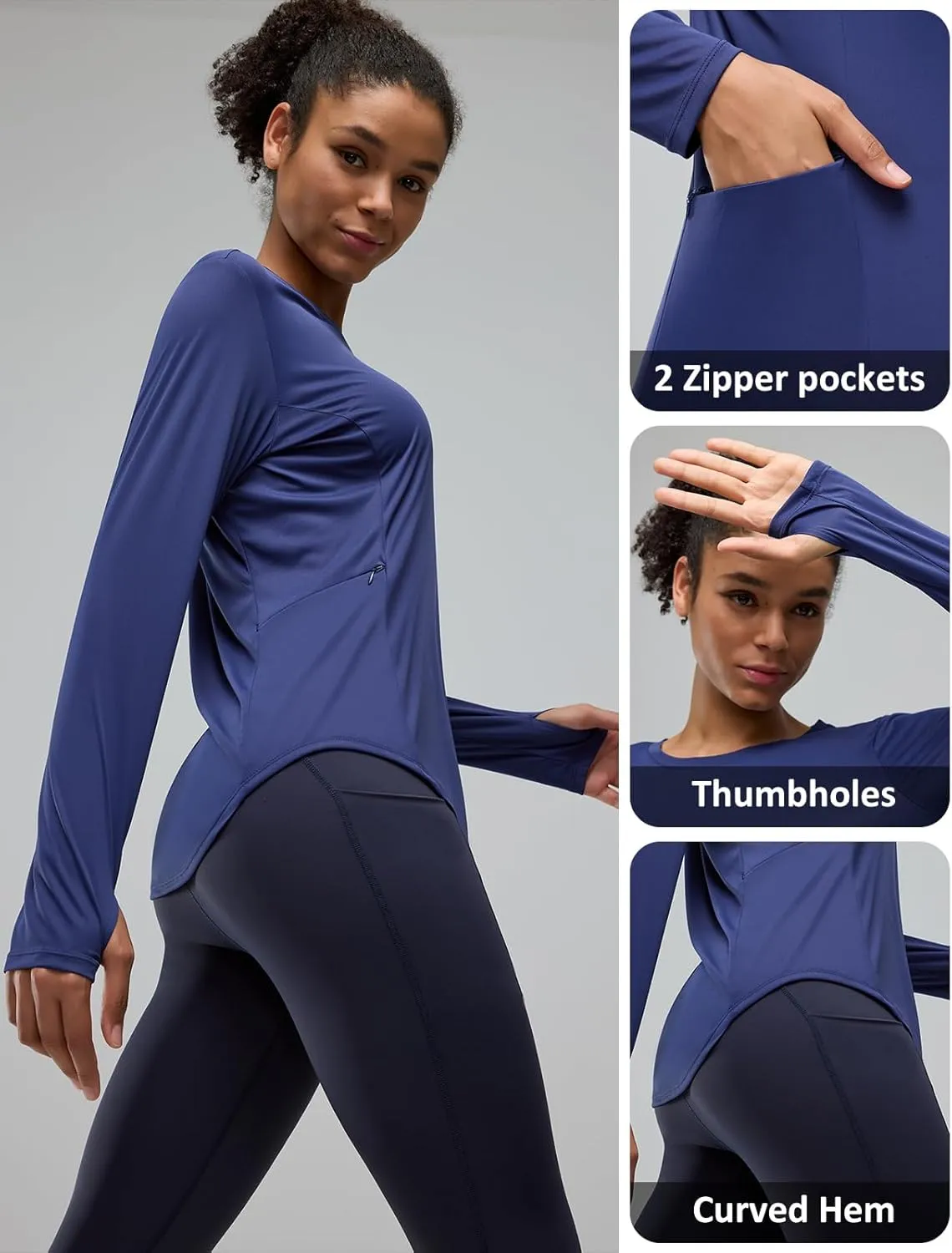 Womens Zipper Pockets Long Sleeve Rash Guard UPF 50  Sun Protection Shirts for Hiking Outdoor Workout Swim Shirt