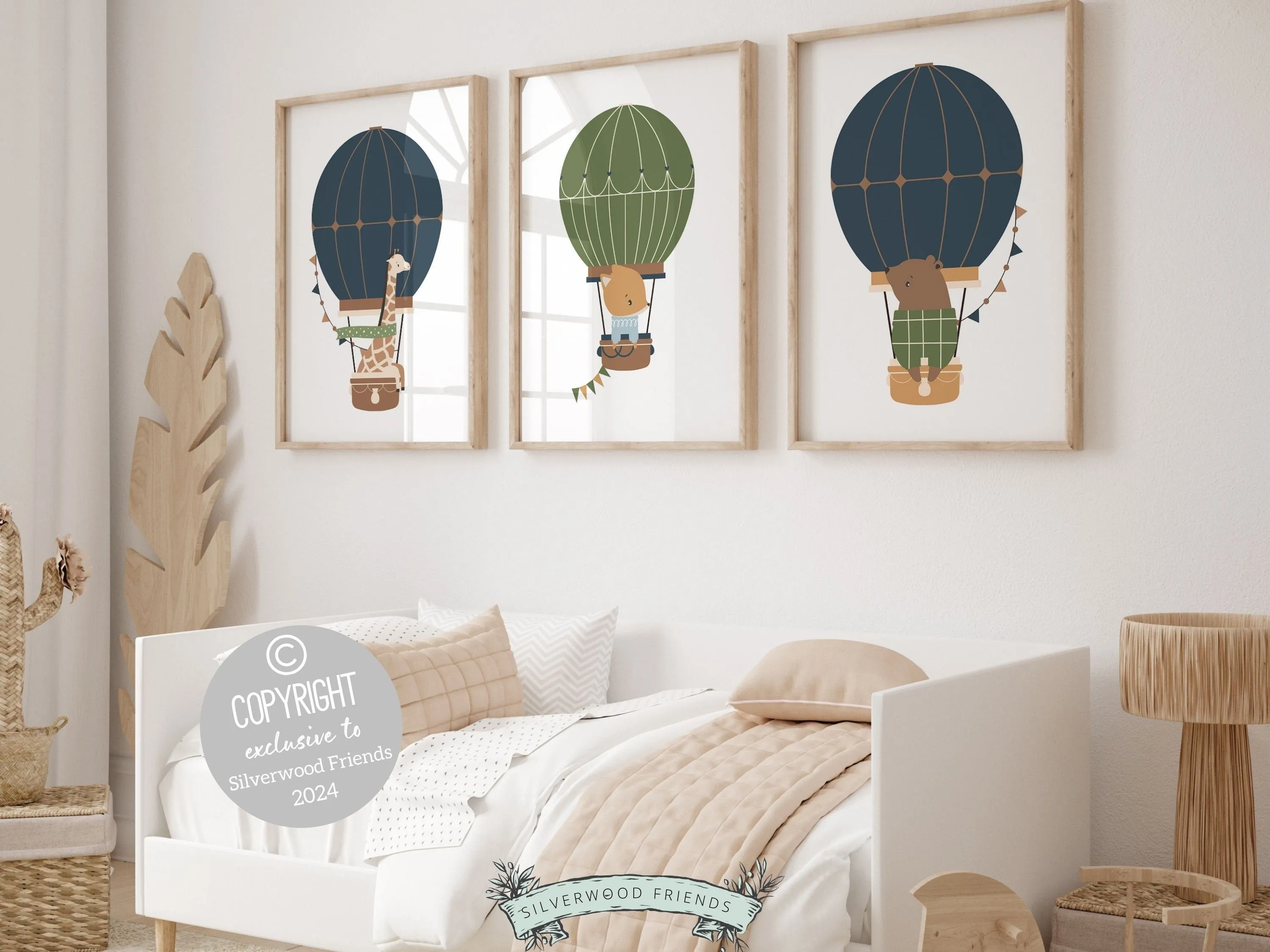 Woodland Animal Air Balloon Nursery Prints - Set of 3