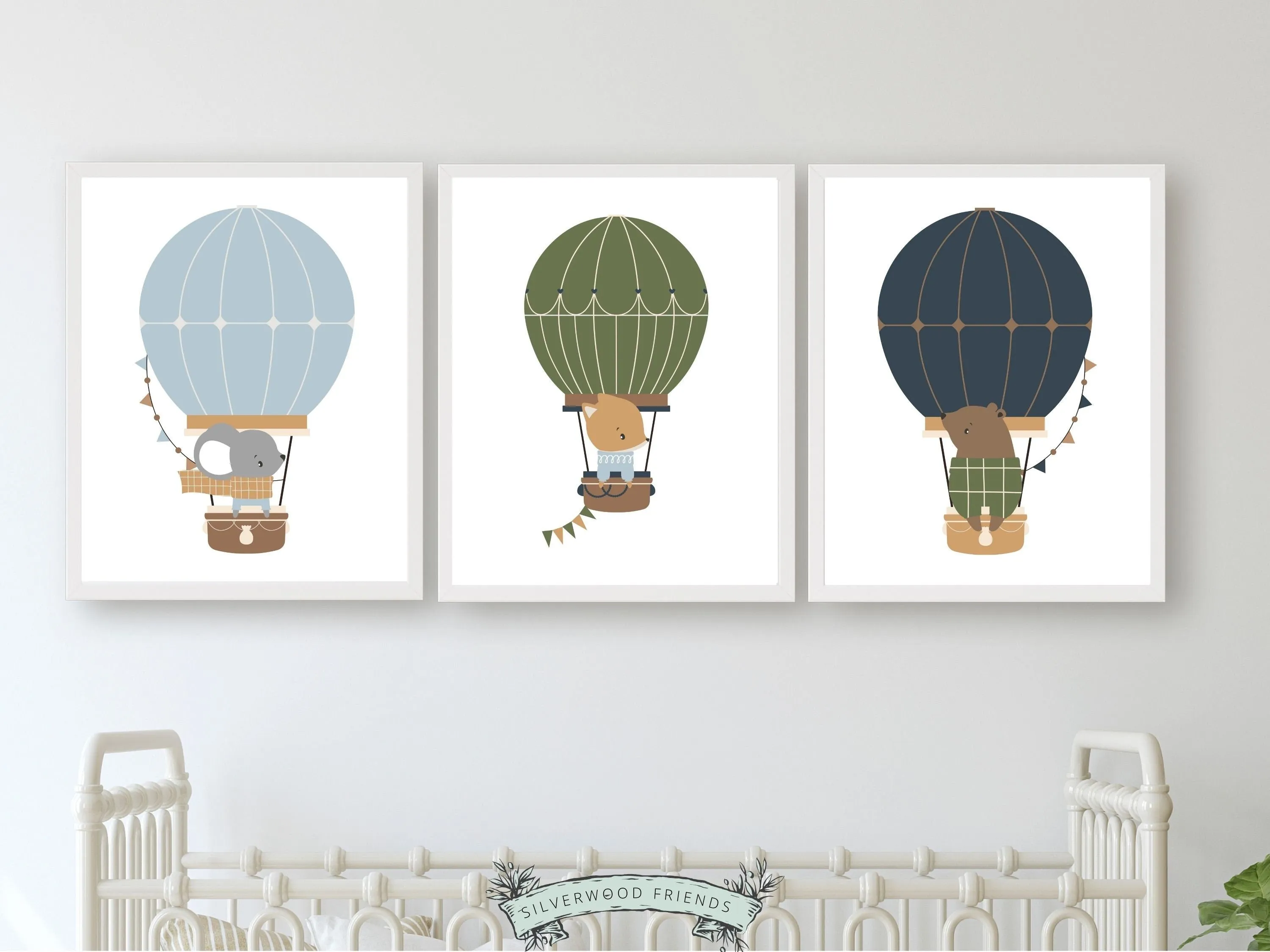 Woodland Animal Air Balloon Nursery Prints - Set of 3