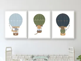 Woodland Animal Air Balloon Nursery Prints - Set of 3