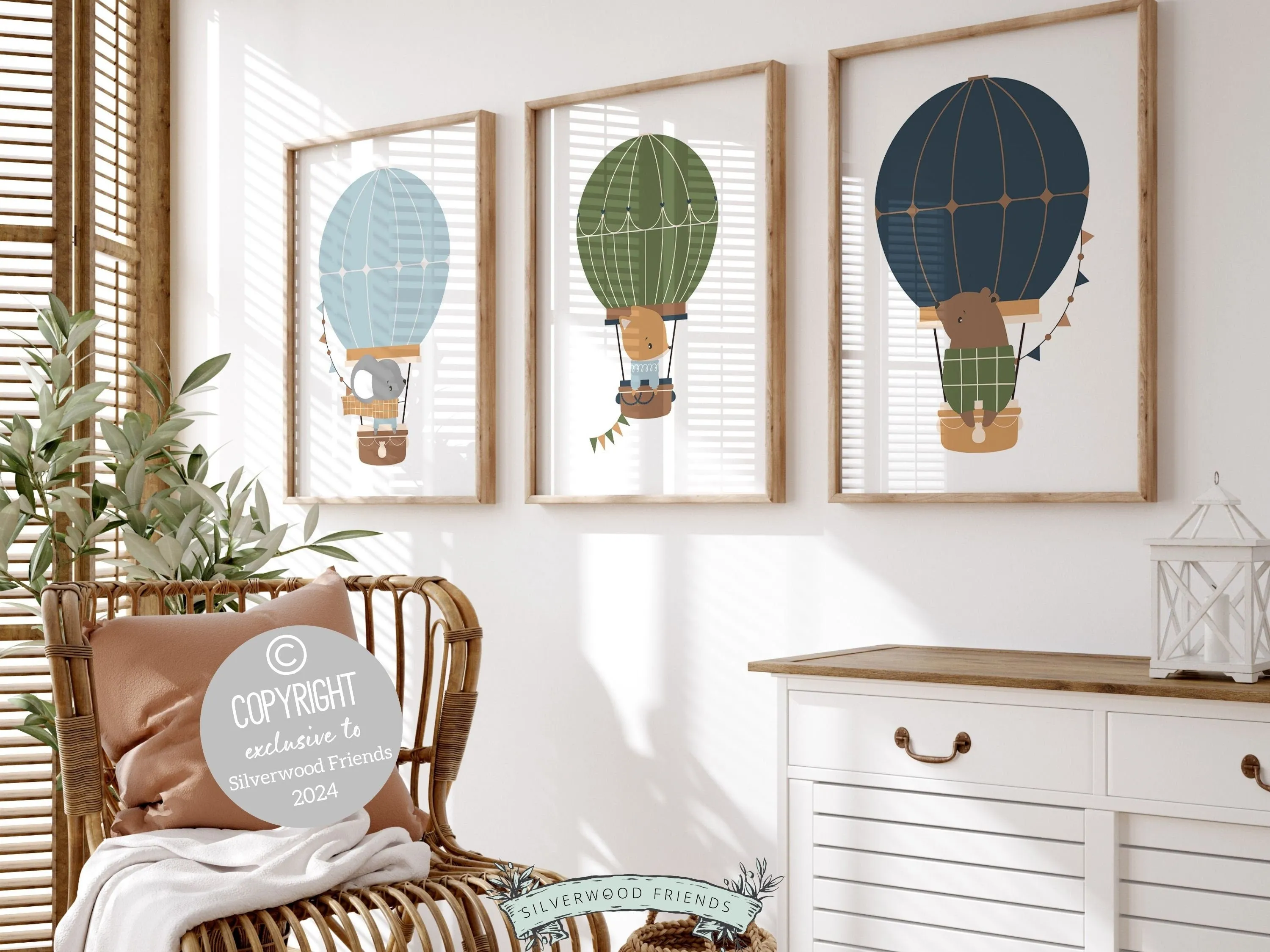 Woodland Animal Air Balloon Nursery Prints - Set of 3