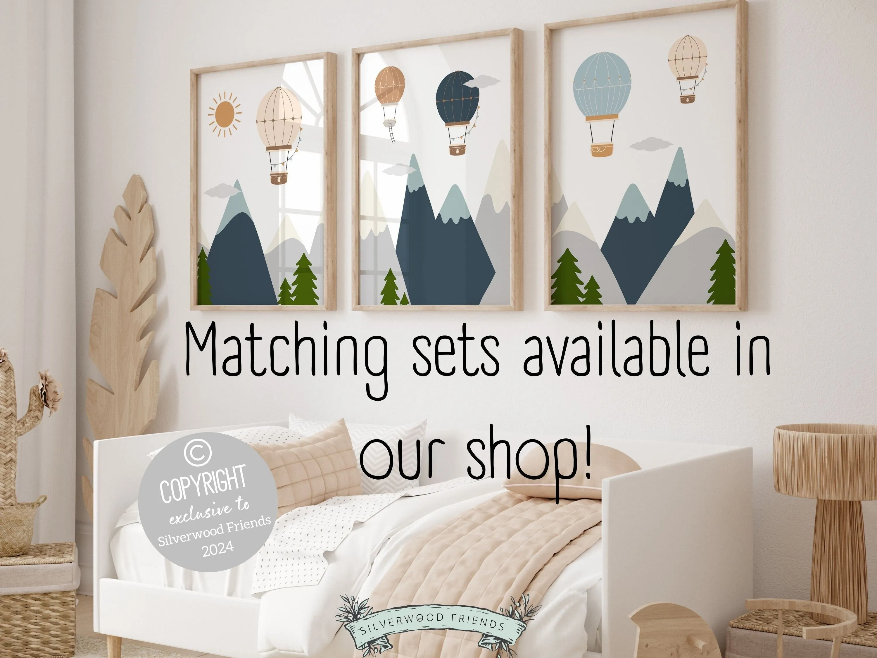 Woodland Animal Air Balloon Nursery Prints - Set of 3
