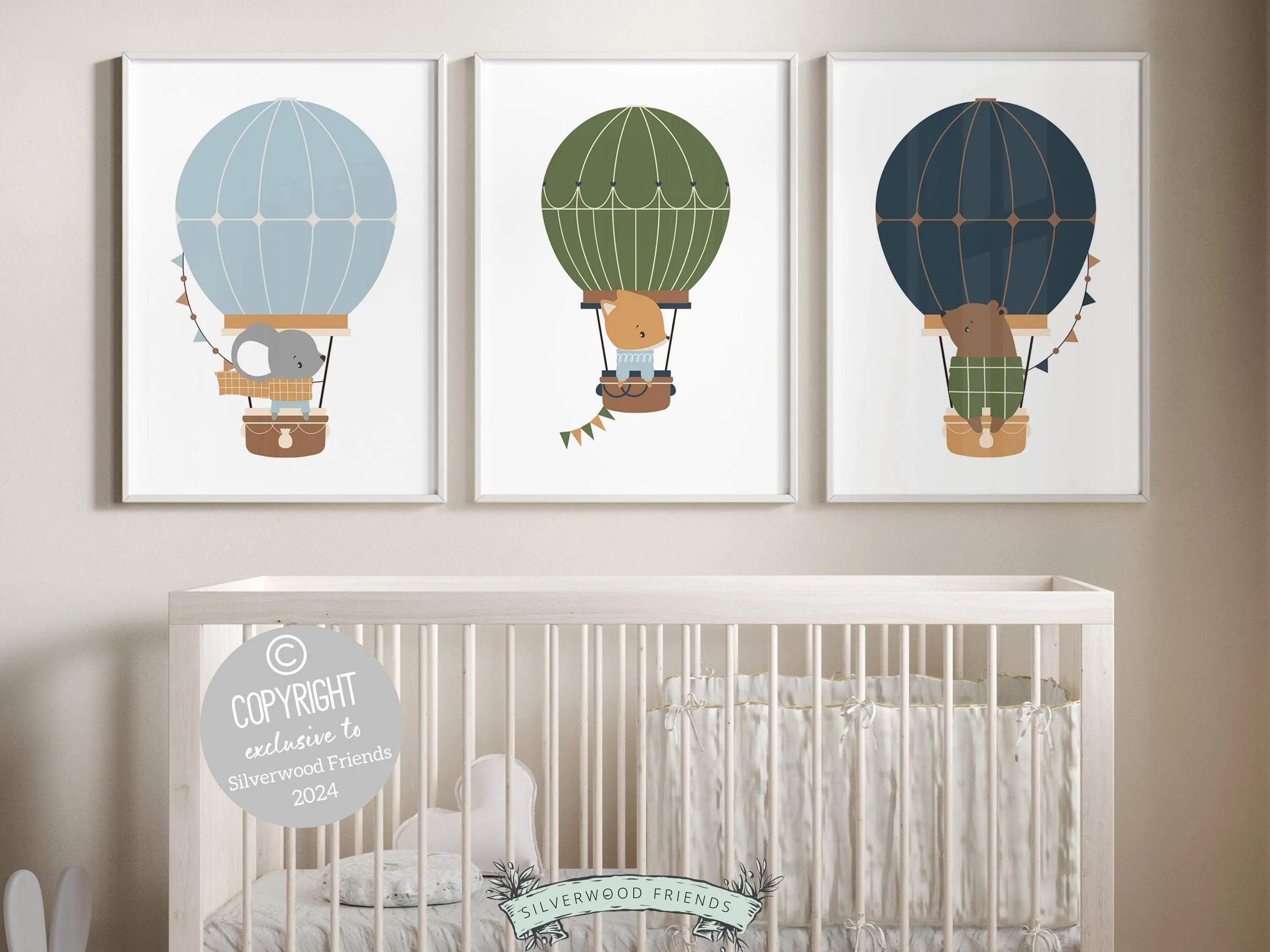 Woodland Animal Air Balloon Nursery Prints - Set of 3
